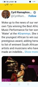 Screenshot ٢٠٢٤ ٠٢ ٠٦ ٢٢ ٣٦ ٥٠ ١٤ 40deb401b9ffe8e1df2f1cc5ba480b12  جنوب أفريقيا: رامافوسا ينهىء المغنية "تيلا"بفوزها التاريخي بجائزة جرامي