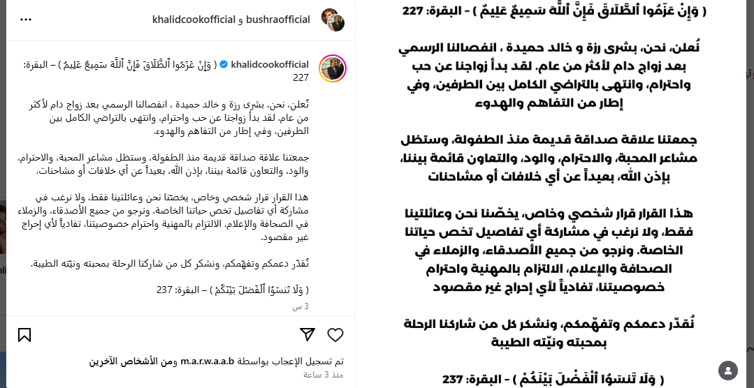 Screenshot 2025 06 11 183706 طلاق جديد في الوسط الفني المصري .. بشرى تعلن انفصالها رسميا عن زوجها خالد حميدة